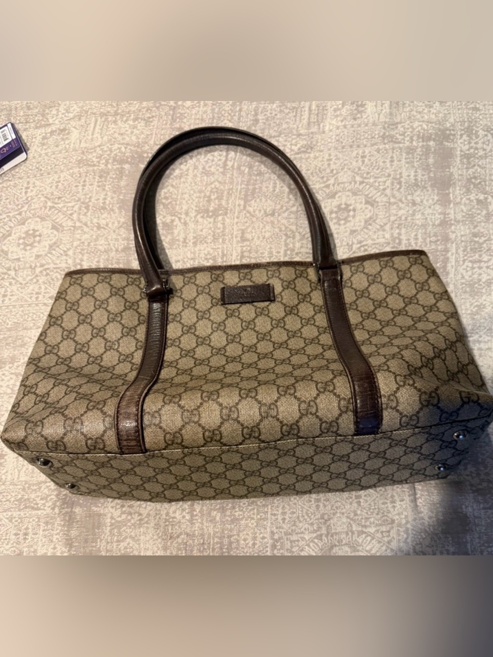 Gucci Beige GG Supreme Tote with Dark Brown Leather Trim